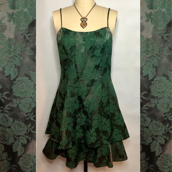 Dramatix Dresses & Skirts - Vintage 90s Whimsigoth Green Floral Satin Jacquard Brocade Party Prom Dress